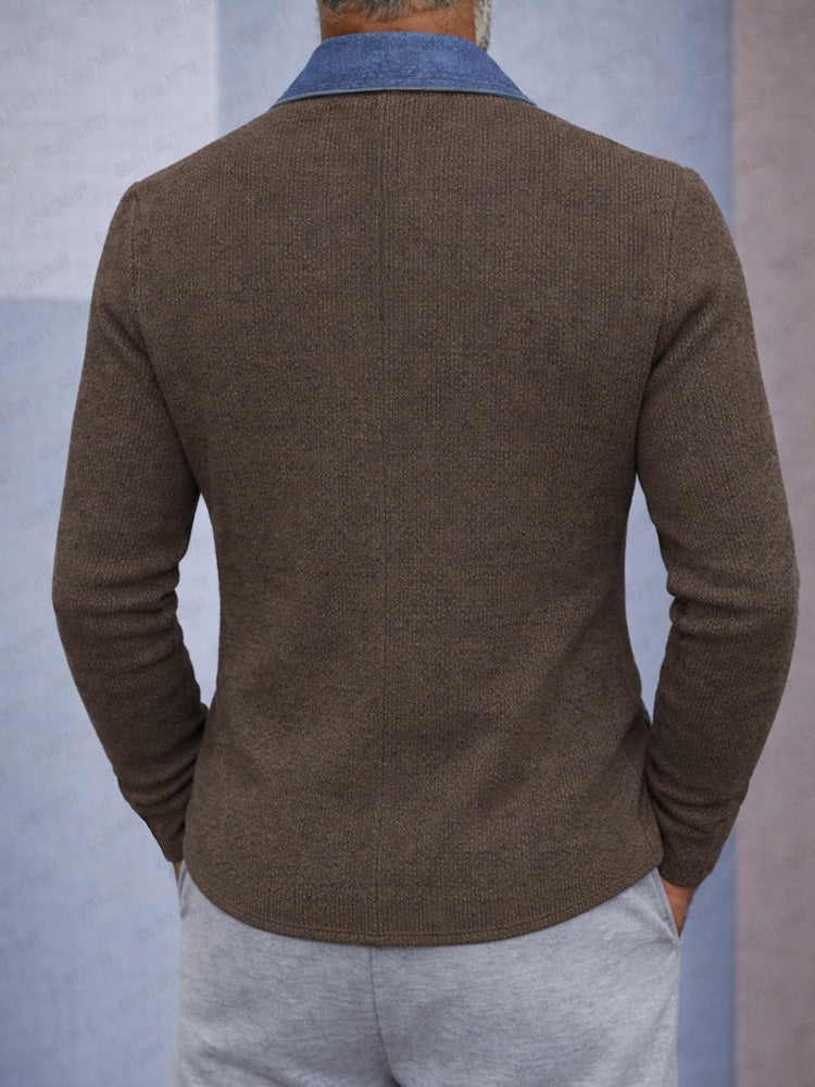 Stylish Contrast Denim Panel Knit Blazer